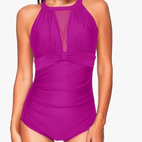 Women's Size 16W Tempt Me One Piece Swimsuit High Neck Plunge Ruched Tummy - Picture 1 of 6